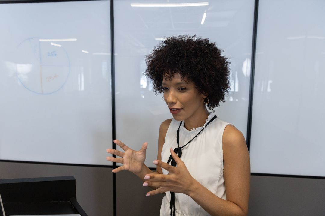 Confident Woman Leading Presentation with Enthusiasm and Clarity