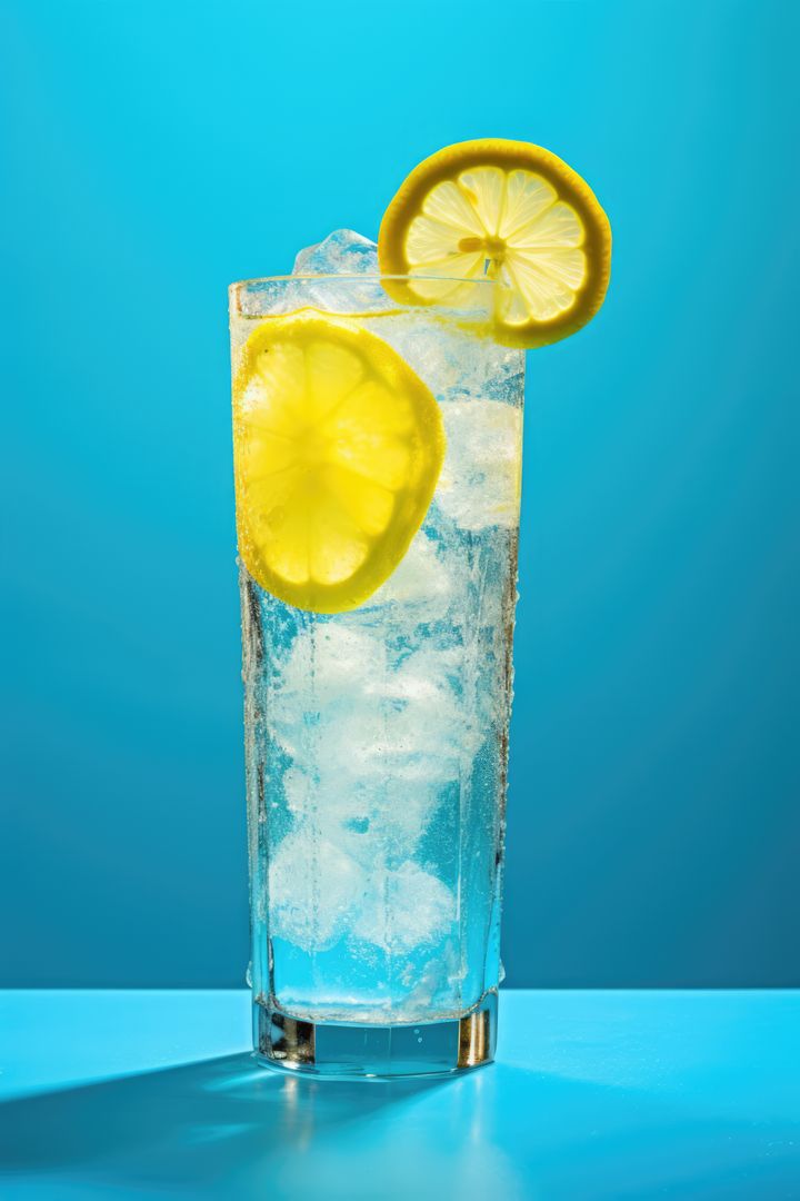 Chilled Lemonade with Lemon Slices on Blue Surface - Free Images, Stock Photos and Pictures on Pikwizard.com