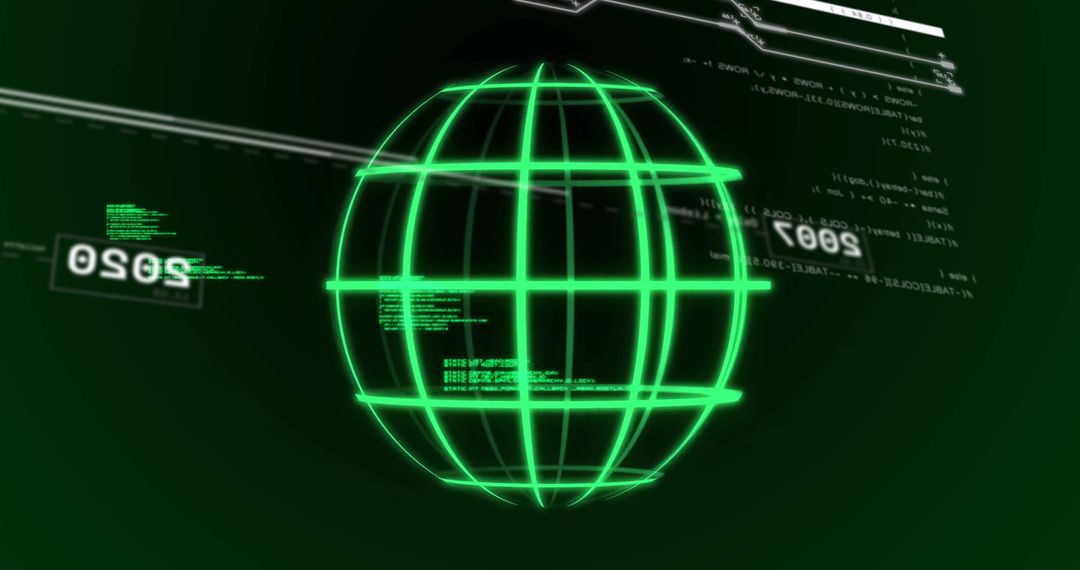 Futuristic Digital Interface with Glowing Green Sphere and Floating Code