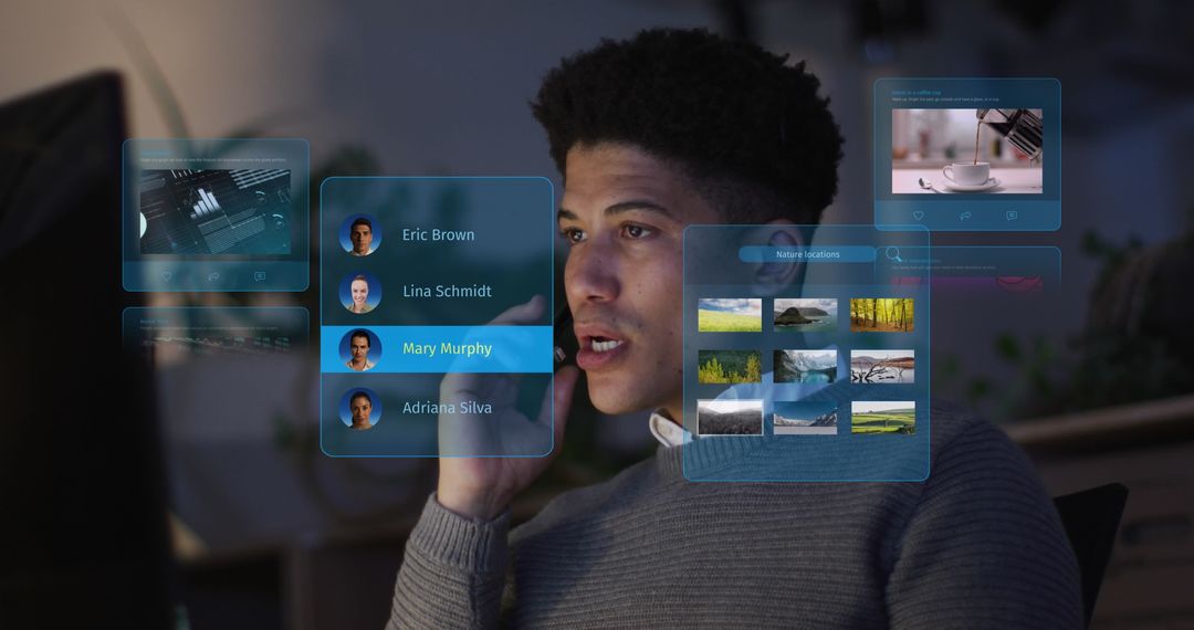 Man Engaging with Futuristic Digital Interface in Home Office