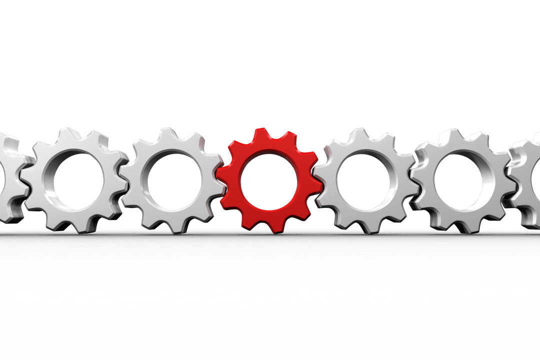 Conceptual Transparent Red Gear Among White Gears