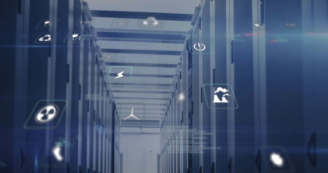 Futuristic Energy Management in Data Center with Glowing Icons