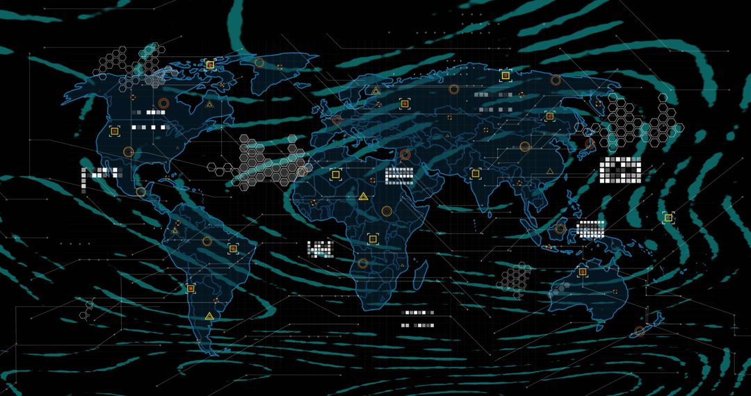 Futuristic World Map with Digital Interface and Circuitry