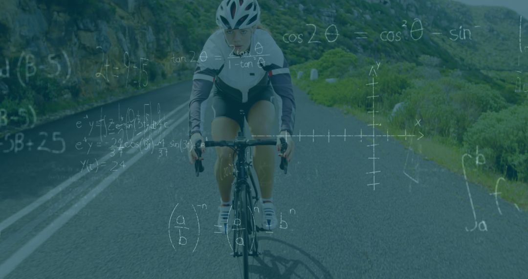 Cyclist Riding in Nature with Mathematical Equations Overlay - Free Images, Stock Photos and Pictures on Pikwizard.com