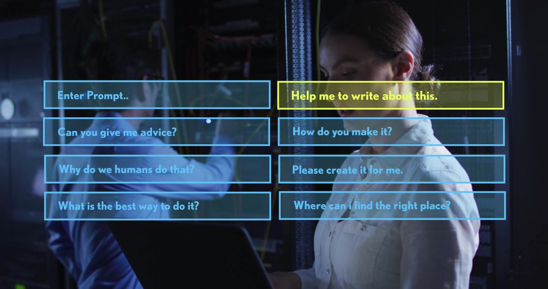 Diverse Technicians Navigating AI Interface in Server Room