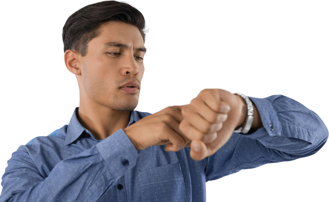 Focused Businessman Checking Time on Wristwatch Semi Transparent