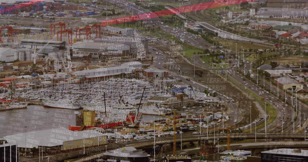 Survey Drone Over Maritime Port with Ships and Cranes, Logistics Hub