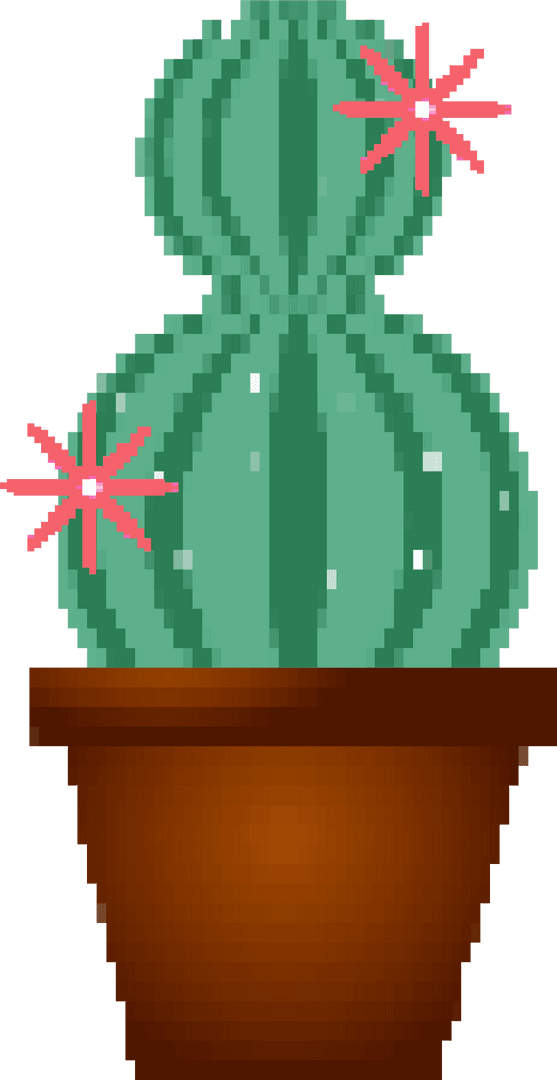 Pixel Art Cactus with Star Flowers on Transparent Background