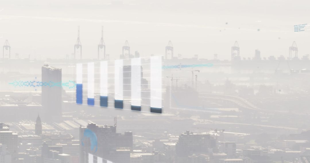 Futuristic Cityscape with Digital Interfaces and Cranes