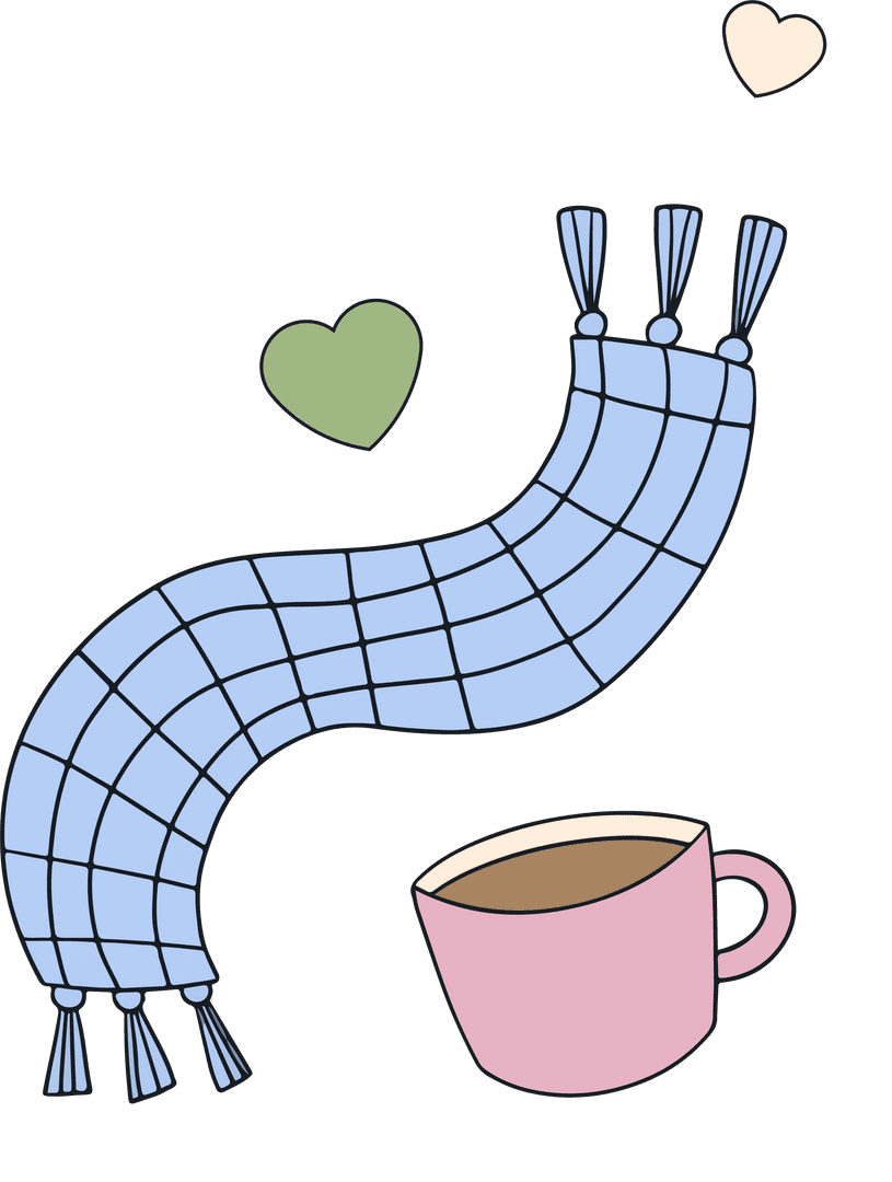 Cozy Pink Mug with Scarf and Hearts on Transparent Background