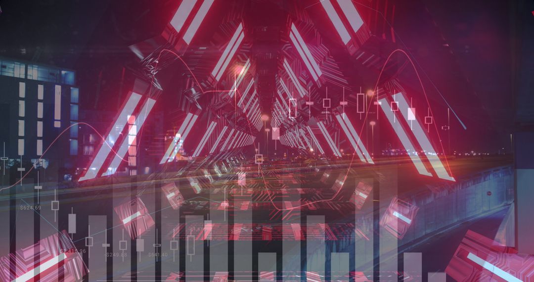 Futuristic Financial Data in Red Glowing Tunnel
