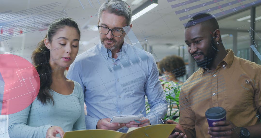 Diverse Professionals Collaborating on Data Analysis in Modern Office