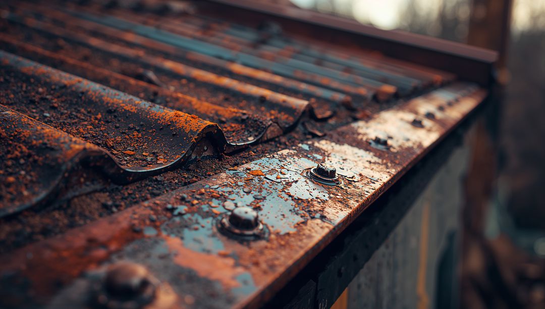Rusty Corrugated Metal Roofing with Water Droplets and Rivets