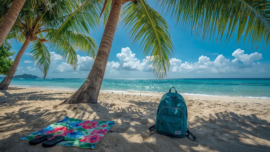 Tropical Beach Serenity with Backpack and Floral Towel
