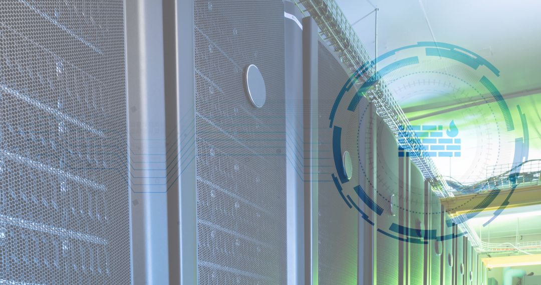 Digital Composite of Firewall Icon over Server Room for Data Security