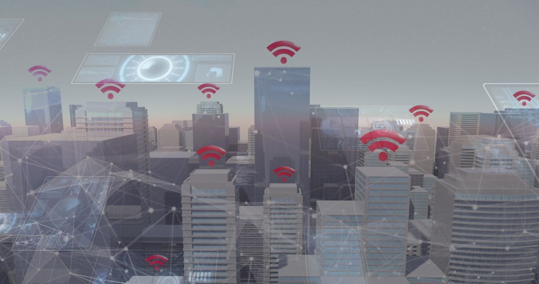 Futuristic City with Digital Network Connections Over Buildings