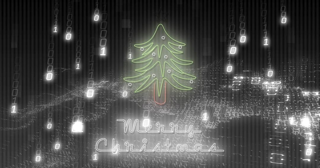Neon Christmas Tree in Cyber Binary Matrix with Merry Christmas Glowing Text