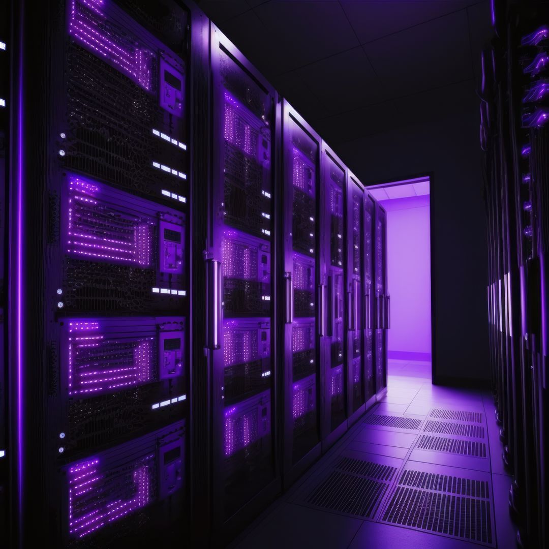 Modern Data Center with Purple LED Lighting - Free Images, Stock Photos and Pictures on Pikwizard.com