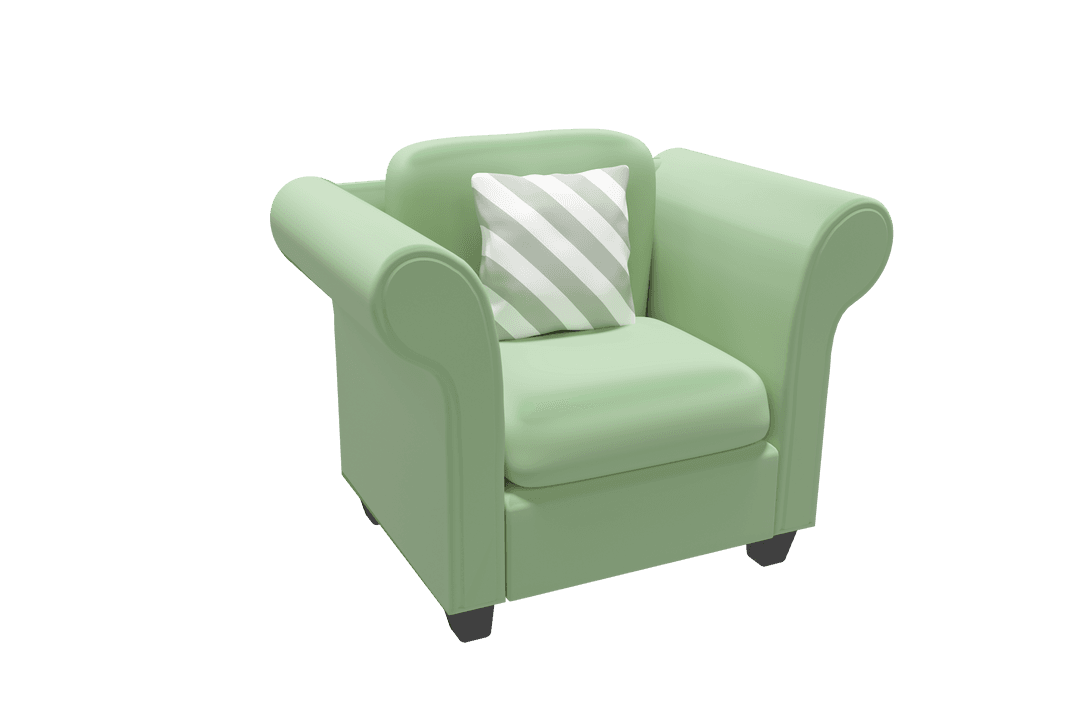Green Armchair with Striped Pillow on Transparent Background