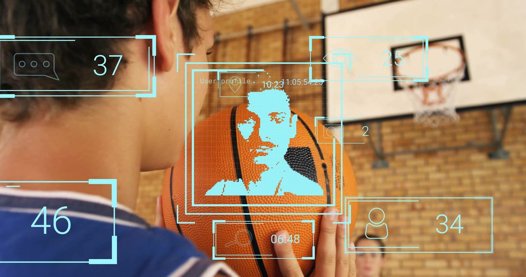 Teen in Basketball Gym with Digital Overlay Futuristic Interface