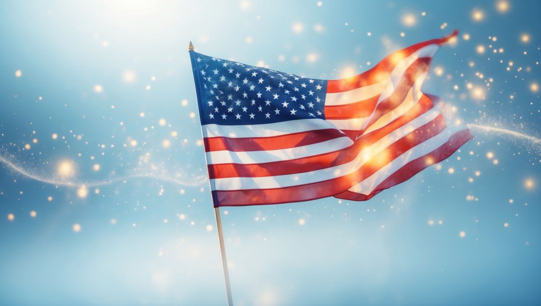 Waving American Flag with Sparkling Particles in Bright Sky