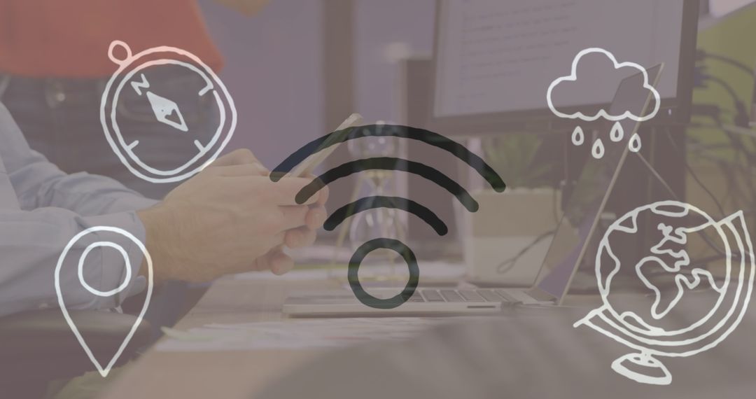 Wi-Fi Symbol and Digital Tech Icons Overlay in Office Setting