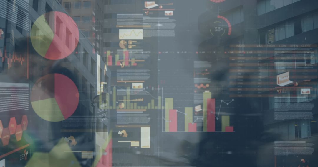 Digital Financial Data Overlapping Diverse Business Team in Urban Setting