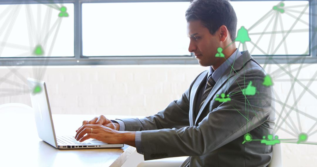 Young Professional Utilizing Technology with Network Connections Overlay