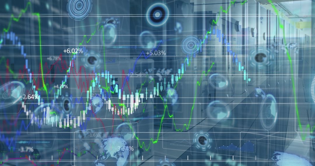 Financial Data Graphs Overlaying Server Room for Business Analysis