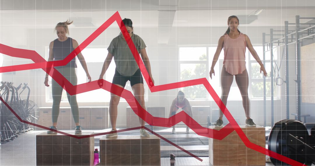 Diverse Women Jumping on Boxes with Conceptual Data Graph Overlay