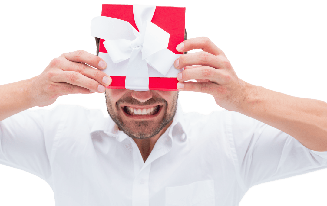 Caucasian Man Celebrating with Gift on Transparent Background