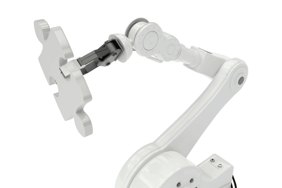 Futuristic Transparent Robot Arm Holding Puzzle Piece