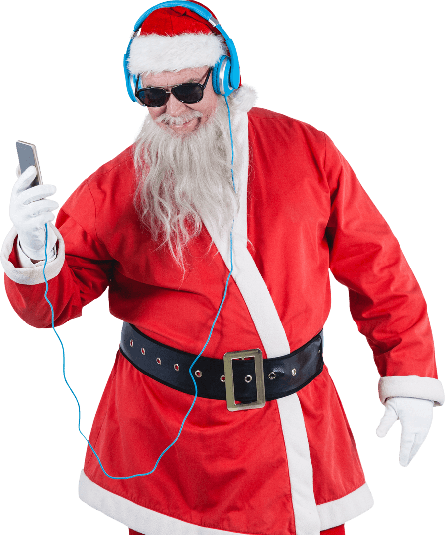 Cool Santa Claus Listening to Music with Headphones Transparent Background
