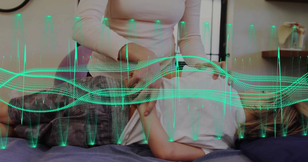 Mother Monitoring Son with Futuristic Biometric Technology at Home