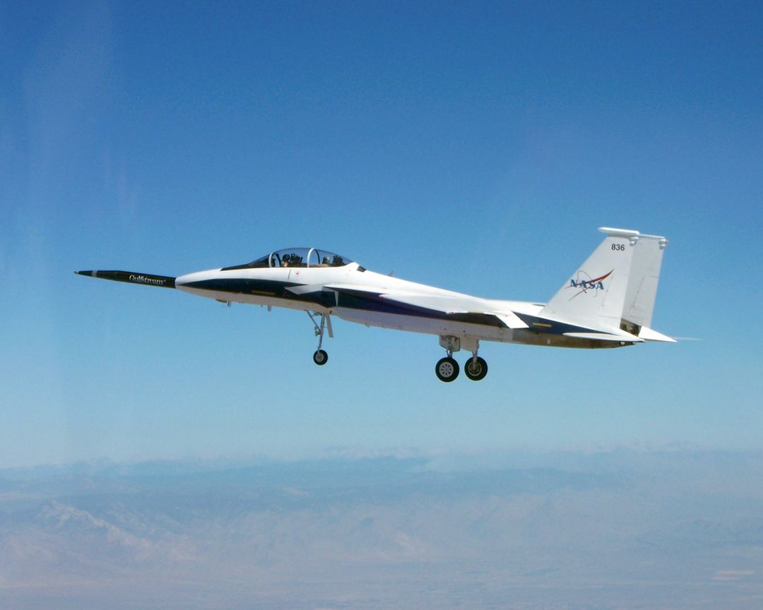 NASA's F-15B testbed aircraft in flight during the first evaluation flight of the joint NASA/Gulfstream Quiet Spike project - Free Images, Stock Photos and Pictures on Pikwizard.com