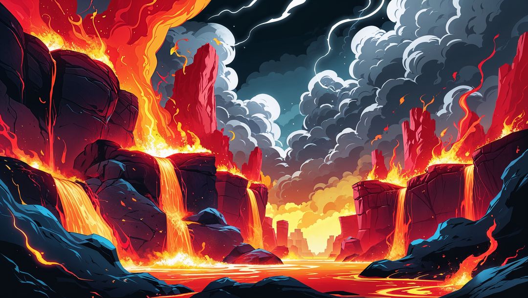 Molten hell lava river flowing through volcanic canyon