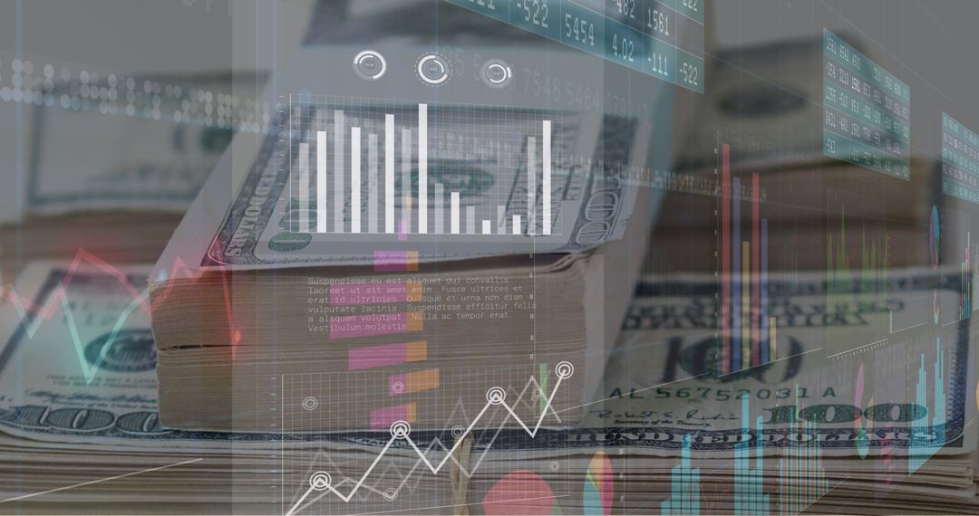 Digital Finance Data Overlay on Stacked Dollar Bills