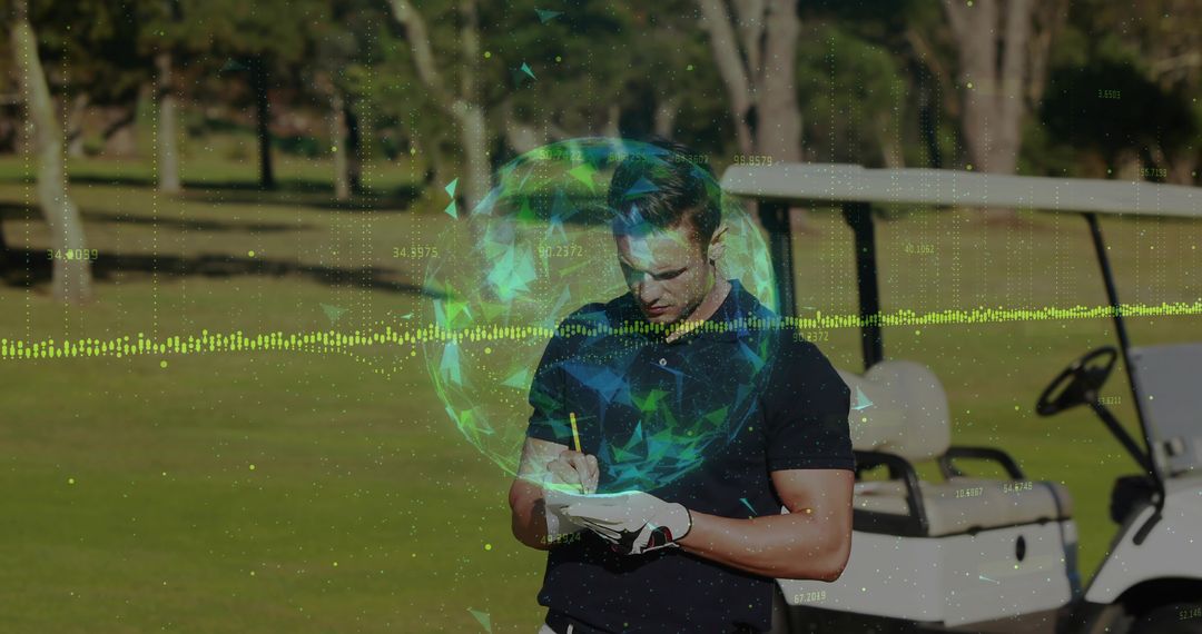 Light-skinned golfer writing scorecard on sunlit fairway by golf cart with futuristic data overlay