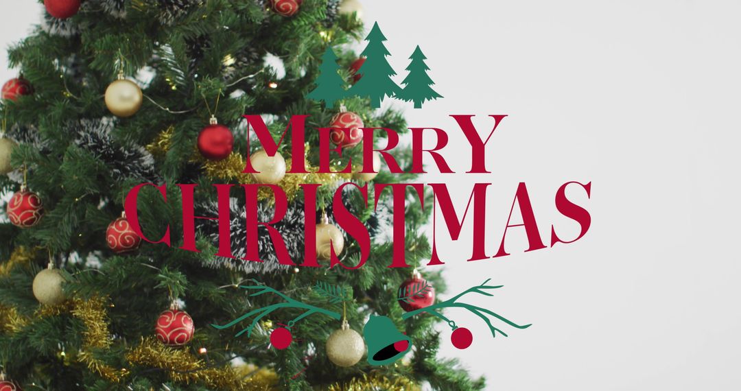Elegant Christmas Tree with Red and Gold Baubles and Merry Christmas Text