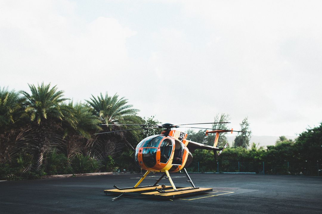 Vibrant chopper resting on helipad surrounded by palm trees