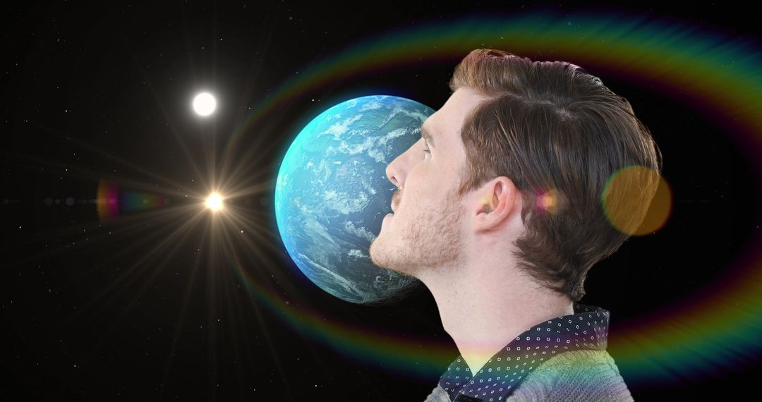 Man Gazing into Space with Planet Earth and Moon