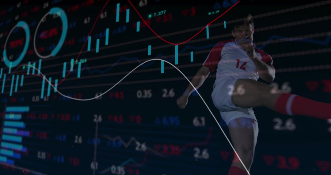 Soccer Player Kicking Through Financial Charts Digital Overlay