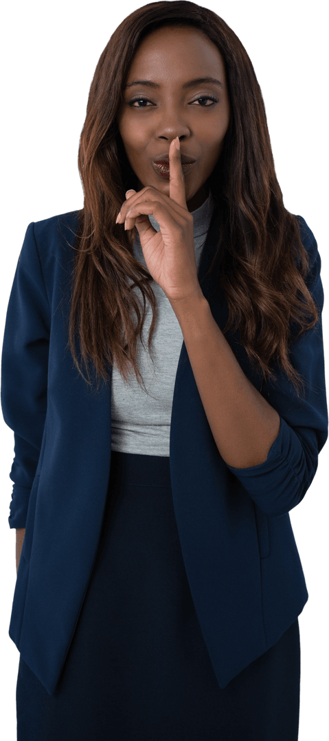 Confident Businesswoman Silencing Gesture on Transparent Background