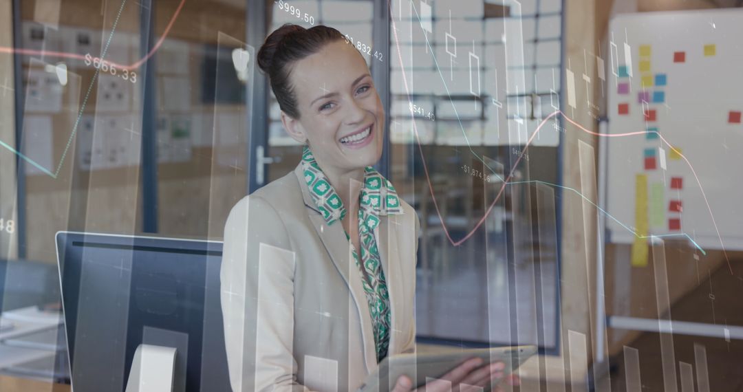 Female Entrepreneur Using Tablet with Digital Business Data Visualization