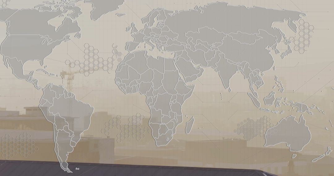 Stylized World Map Overlaid on Urban Skyline with Hexagonal Patterns