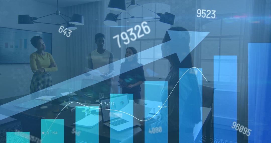 Business Team Coordinating with Financial Graphs Overlay