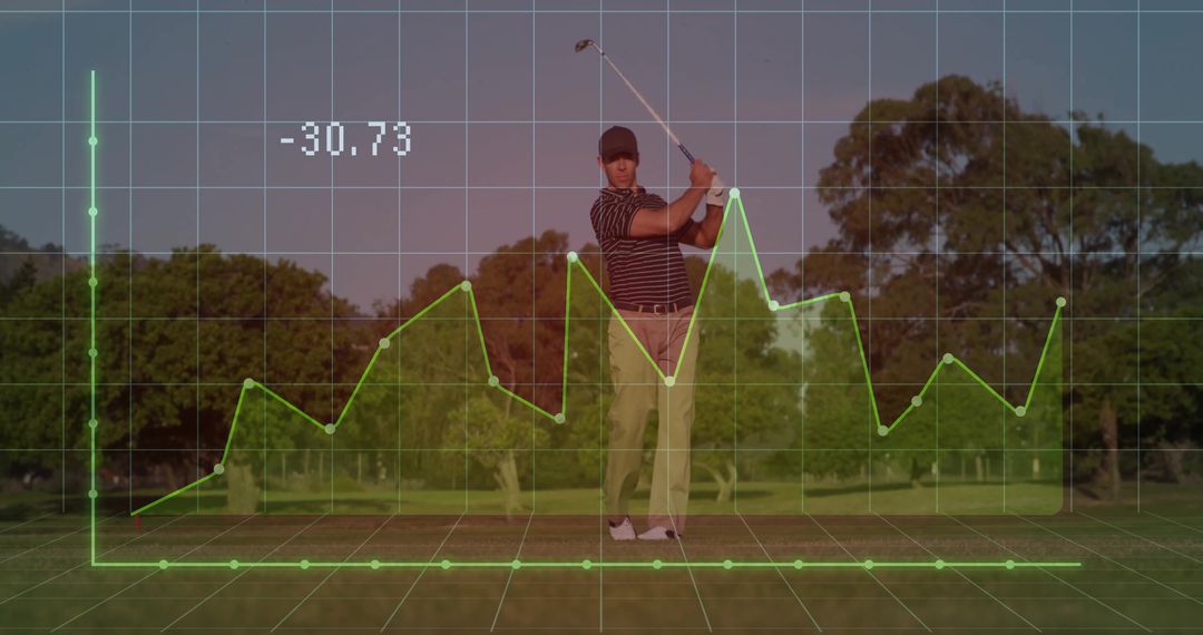Confident Golfer Swinging on Fairway with Overlaying Graph