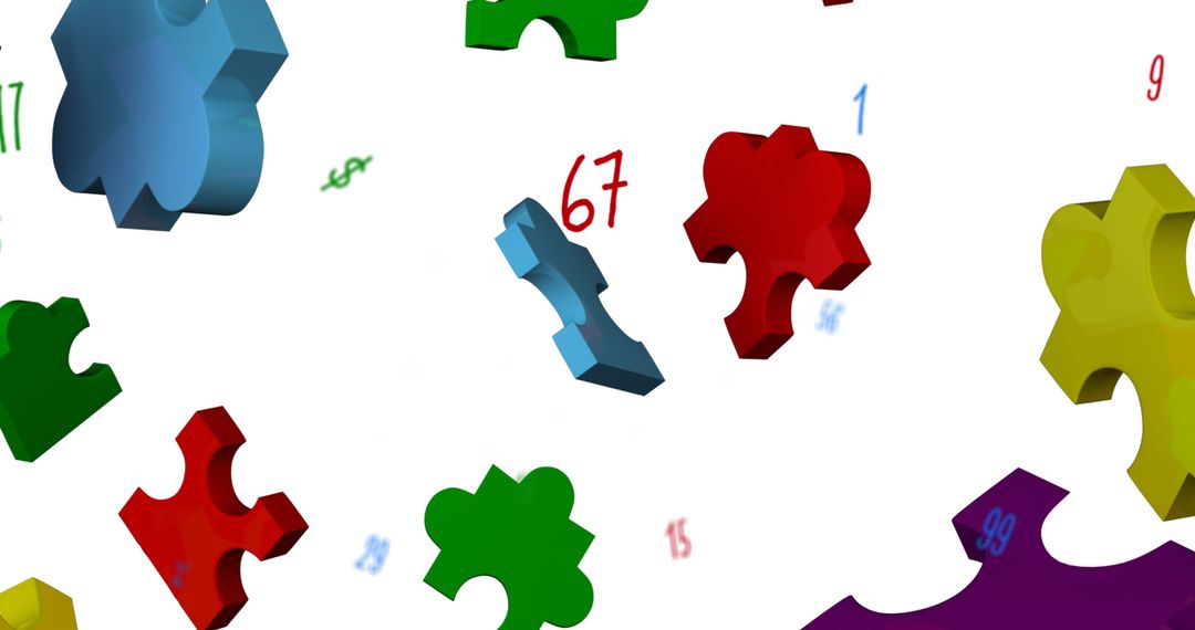 Colorful Puzzle Pieces and Numbers Floating on White Background