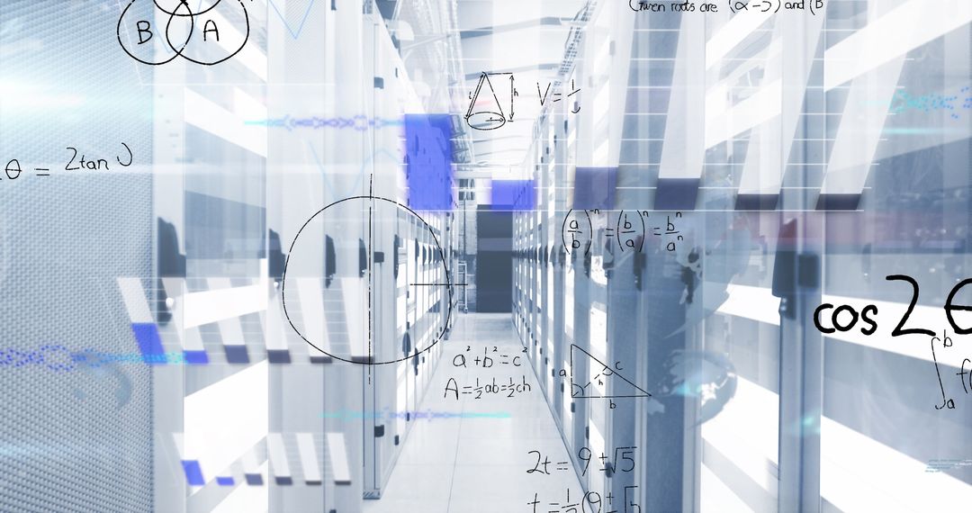 High-Tech Data Center Corridor with Digital Math Elements