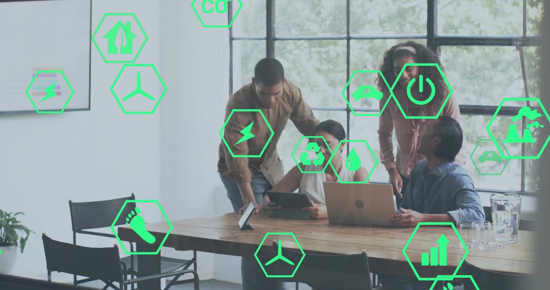 Team Collaborating on Greentech Strategy with Sustainability Icons Overlay